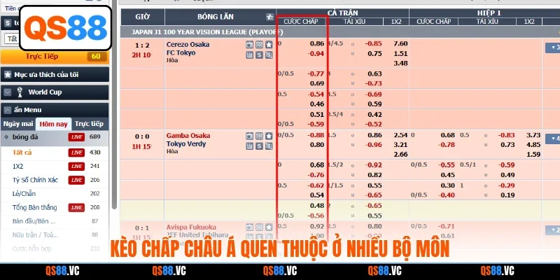 Kèo chấp châu Á quen thuộc ở nhiều bộ môn